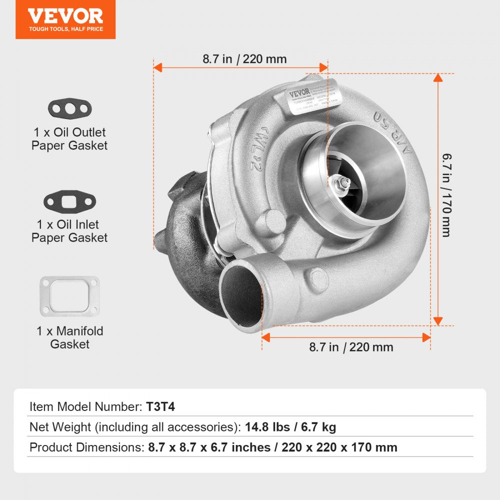 VEVOR Turbo Turbocharger with Gasket Kit, Turbo Charger Replacement for Car Engines, Compatible with 1.5L-4.0L Engine Displacements, Heat Resistance Engine Turbocharger with K418 Alloy Impeller