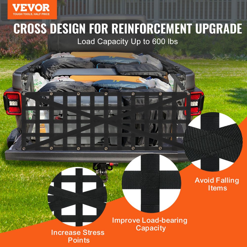 VEVOR Tailgate Net, 54 in x 18 in, Heavy Duty Cargo Net for Truck Bed with 4 Adjustable Telescopic Straps, Cross-reinforced Design, Extendable & Durable, Suitable for Pickup, Truck, Trailer, Jeep, SUV