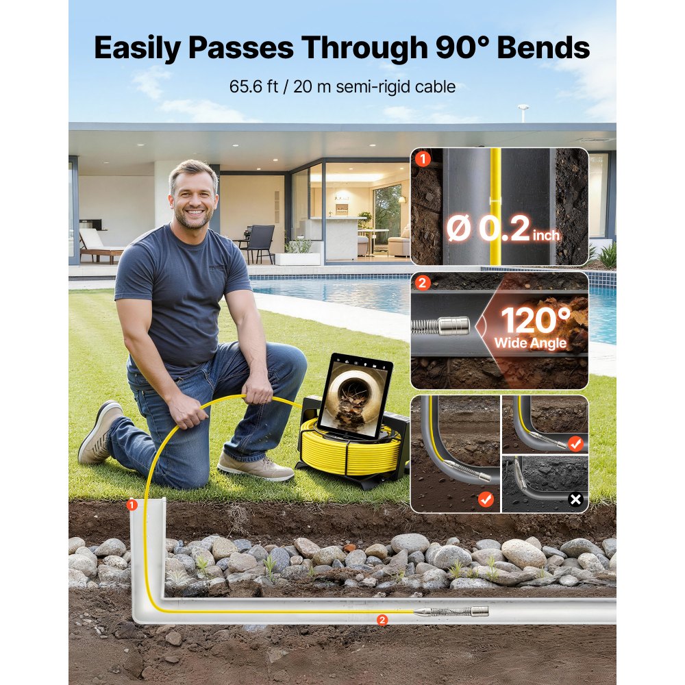 VEVOR 2026 Upgraded Sewer Camera with WiFi, 65.6ft/20m Drain Pipeline Camera, IP68 Snake Plumbing Cameras with Light- 12 LEDS, Wireless WiFi Connectivity to Phone/Tablet for Sewer Duct Pipe Inspection