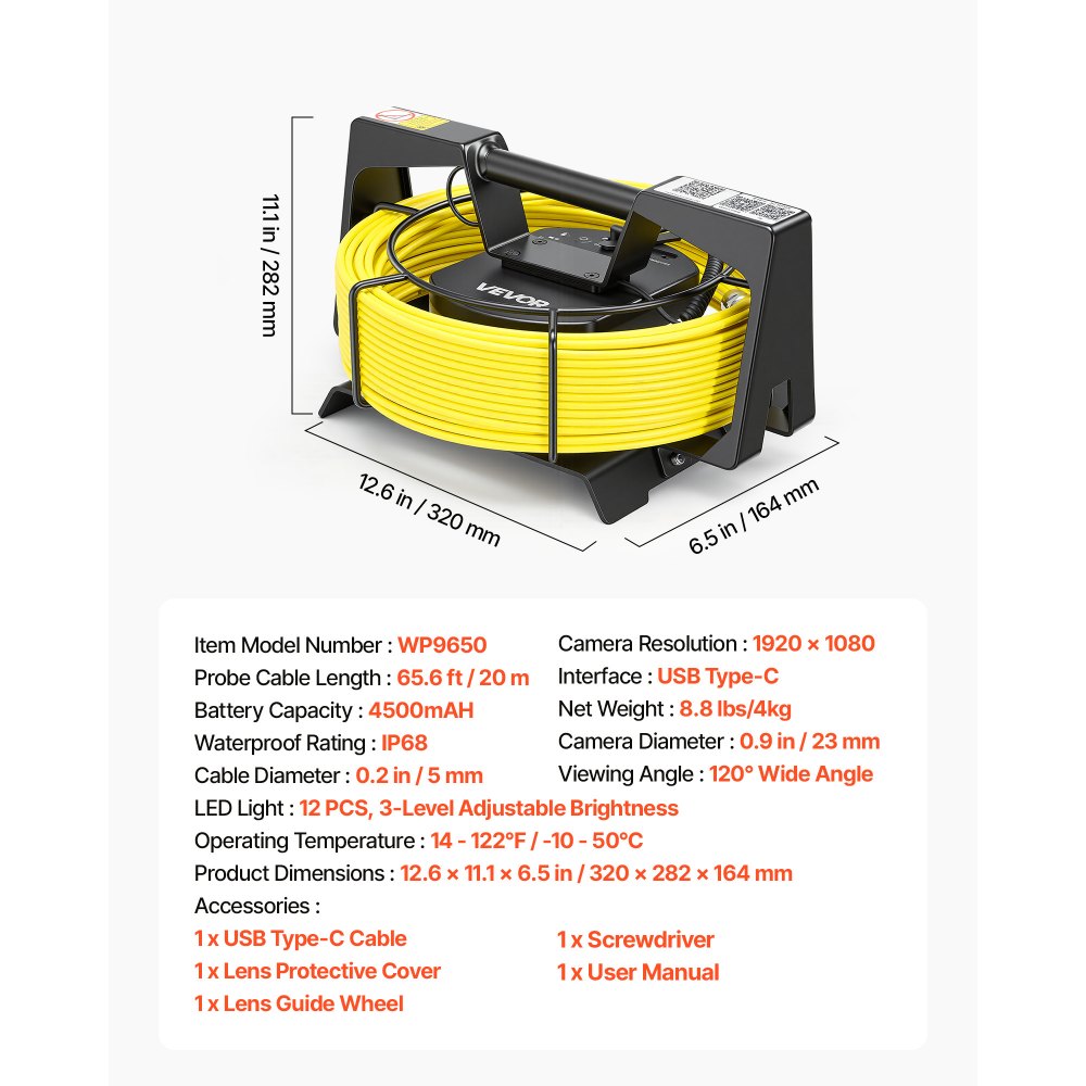 VEVOR 2026 Upgraded Sewer Camera with WiFi, 65.6ft/20m Drain Pipeline Camera, IP68 Snake Plumbing Cameras with Light- 12 LEDS, Wireless WiFi Connectivity to Phone/Tablet for Sewer Duct Pipe Inspection