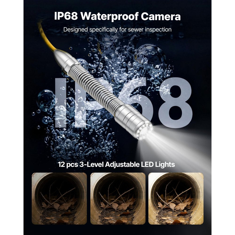 VEVOR 2026 Upgraded Sewer Camera with WiFi, 98.4ft/30m Drain Pipeline Camera, IP68 Snake Plumbing Cameras with Light- 12 LEDS, Wireless WiFi Connectivity to Phone/Tablet for Sewer Duct Pipe Inspection