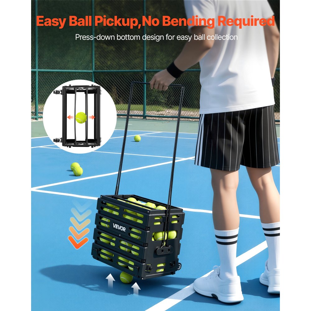 VEVOR Tennis Ball Hopper, Holds 80 Tennis Balls, Pickleball Basket Cart with Wheels for Easy Pick Up, Portable Pickleball Collection Caddy with Heavy-Duty Construction, for Training Carrying Storage