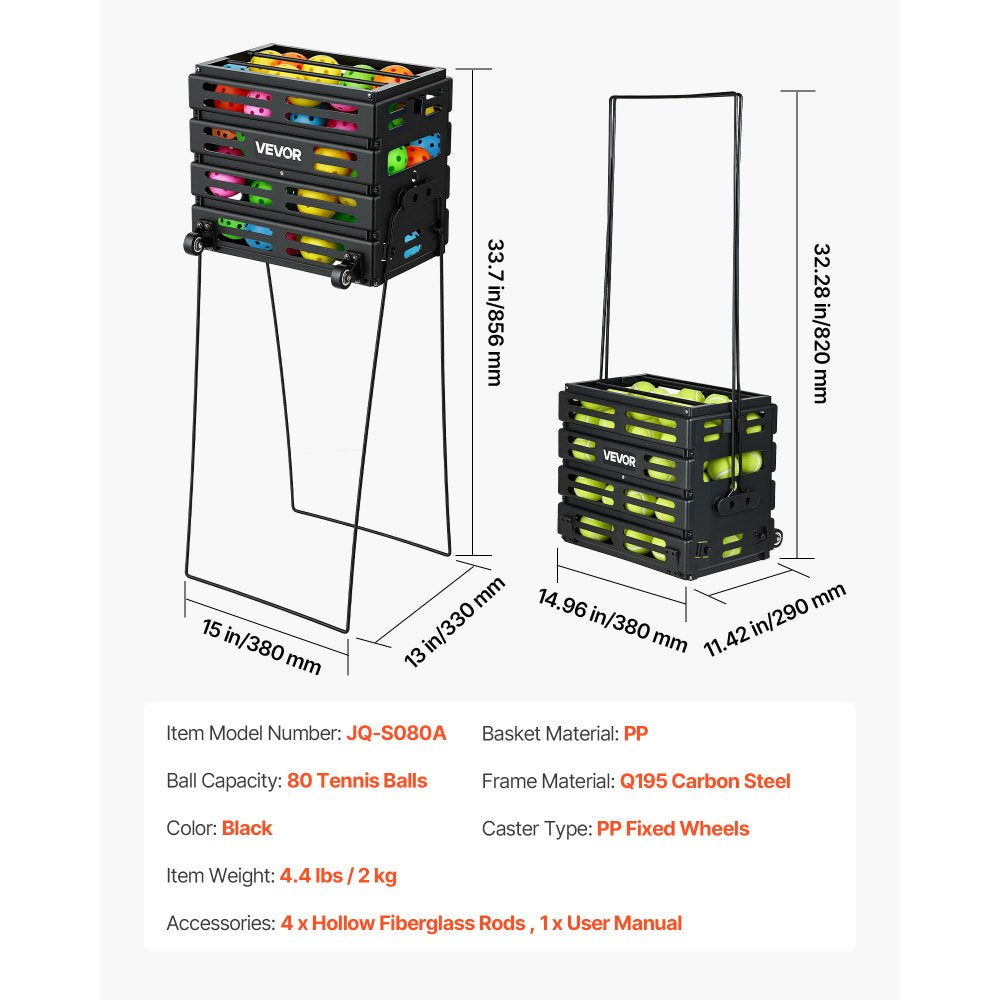VEVOR Tennis Ball Hopper, Holds 80 Tennis Balls, Pickleball Basket Cart with Wheels for Easy Pick Up, Portable Pickleball Collection Caddy with Heavy-Duty Construction, for Training Carrying Storage