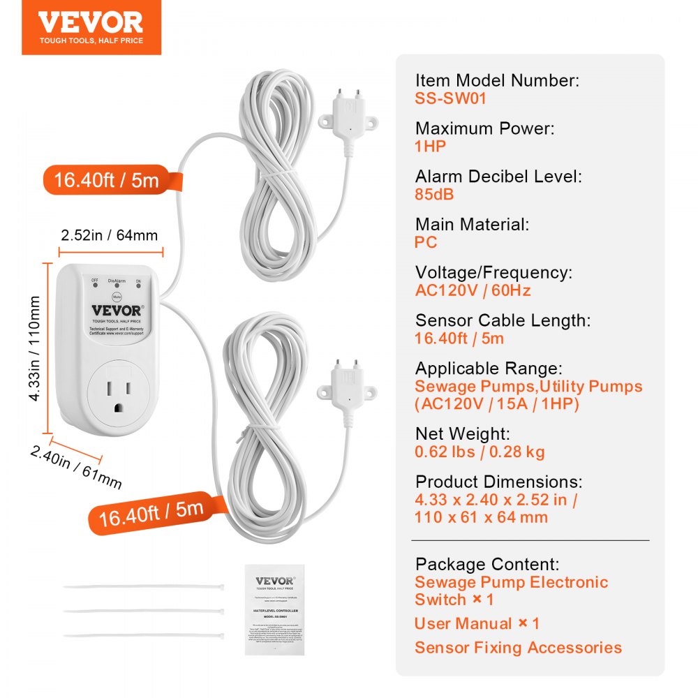 VEVOR Sump Pump Alarm, Indoor/Outdoor High Water Septic Tank Alarm With HI/LO Dual Sensors, 85dB Loud Alarm and 16.4ft Extended Sensor Cable, For Sewage Pits, Submersible, Utility