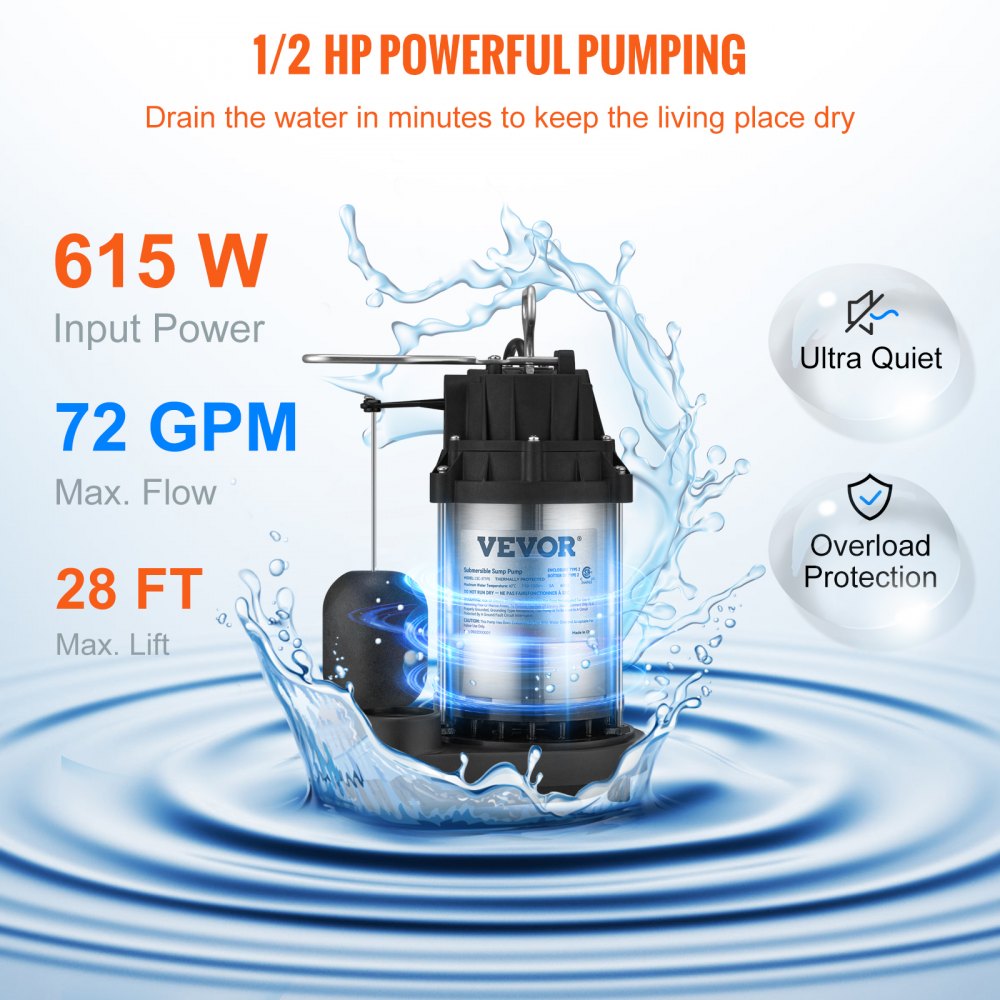 VEVOR Sump Pump, 1/2 HP 3960 GPH, Submersible Stainless Steel Water Pump, 1-1/2" NPT Discharge With 33 ft Cord, Automatic Float Switch with Piggy-back Plug, for Indoor Basement Water Basin