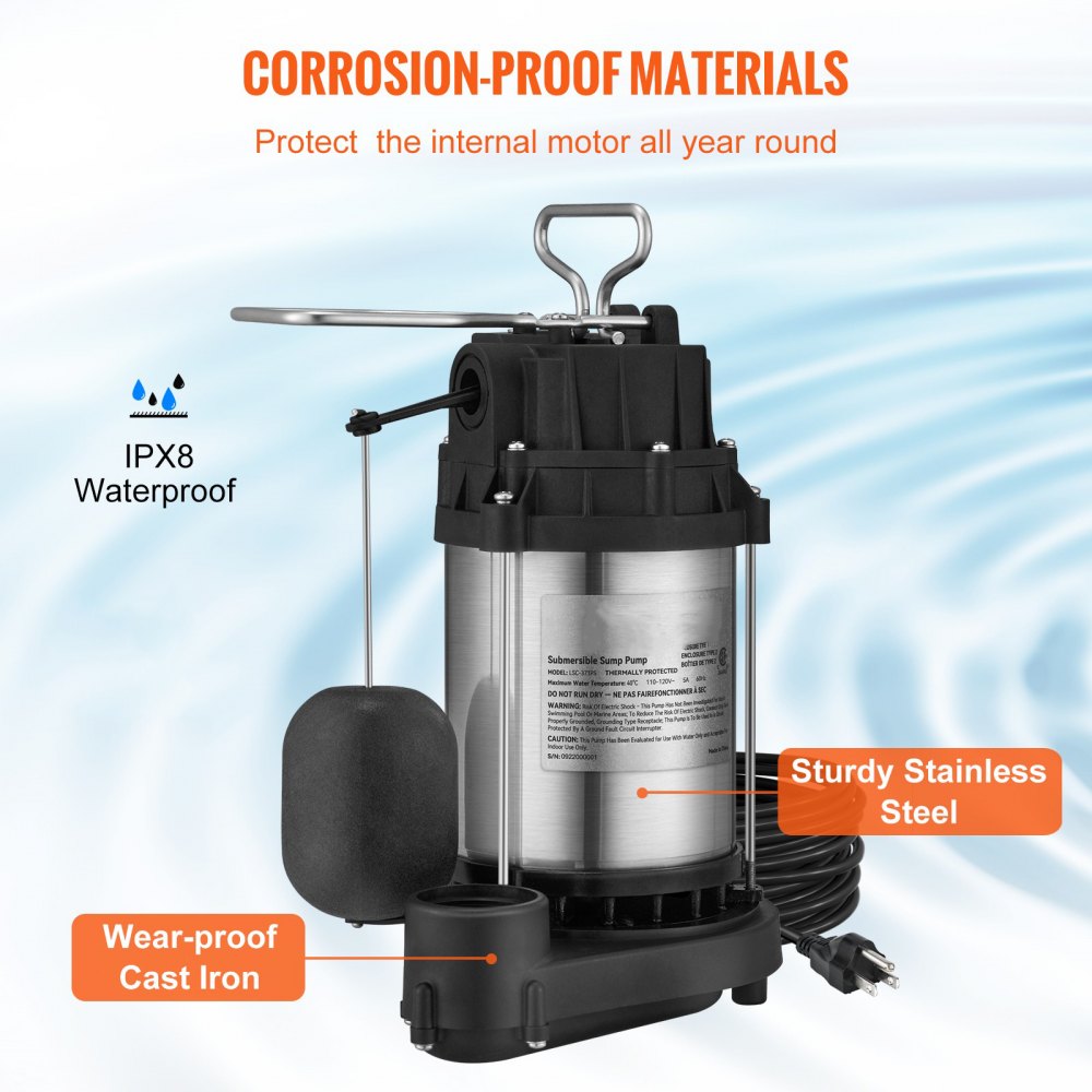 VEVOR Sump Pump, 1/2 HP 3960 GPH, Submersible Stainless Steel Water Pump, 1-1/2" NPT Discharge With 33 ft Cord, Automatic Float Switch with Piggy-back Plug, for Indoor Basement Water Basin