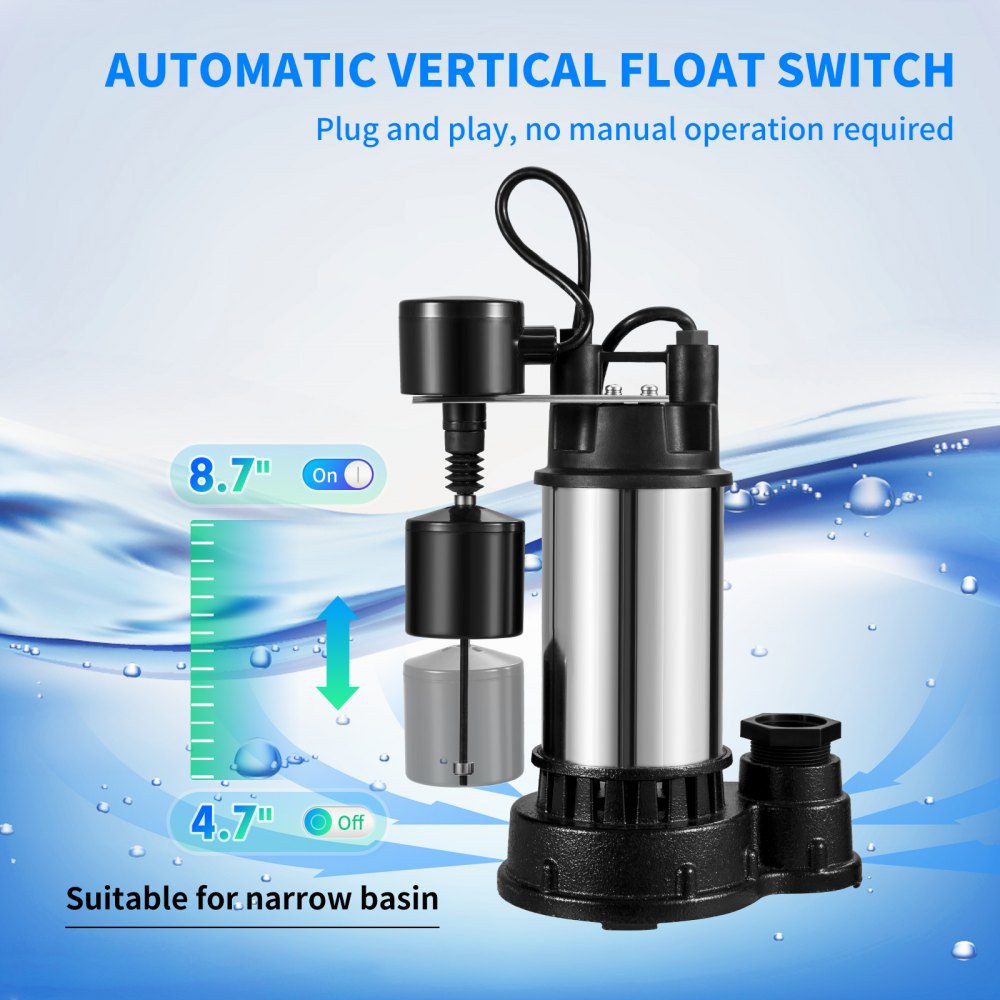 VEVOR 1.5 HP Submersible Cast Iron and Steel Sump Pump, 6000 GPH Submersible Water Pump with Integrated Vertical Float Switch, for Basement Water Basin and Flooding Area Tested to UL Standards
