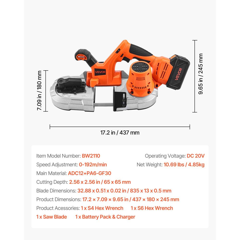 VEVOR 20V Portable Band Saw Kit, 2.56-Inch Deep Cut, AC 110V, 360W Bandsaw with Brushless Motor, 4.0 Ah Battery, Cordless and Compact Portaband, 0-192 m/min Variable Speed, for Cutting Metal, Wood