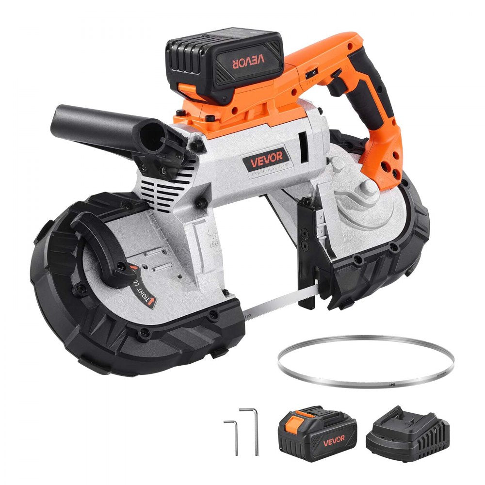 VEVOR 20V Portable Band Saw Kit, 5 Inches Deep Cut, AC 110V, 360W Bandsaw with Brushless Motor, 4.0 Ah Battery, Cordless and Compact Portaband, 0-120 m/min Variable Speed, for Cutting Metal, Wood