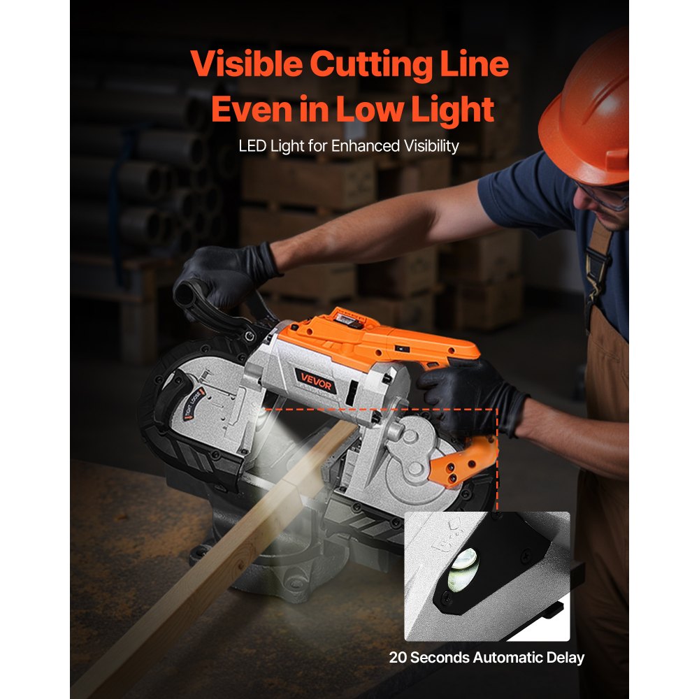VEVOR 20V Portable Band Saw, 5 Inches Deep Cut, 360W Bandsaw with Brushless Motor, Cordless and Compact Portaband, Hang Hooks, 0-120 m/min Variable Speed, for Cutting Metal, Wood (Bare Tool Only)