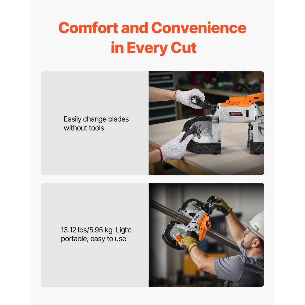 VEVOR 20V Portable Band Saw, 5 Inches Deep Cut, 360W Bandsaw with Brushless Motor, Cordless and Compact Portaband, Hang Hooks, 0-120 m/min Variable Speed, for Cutting Metal, Wood (Bare Tool Only)