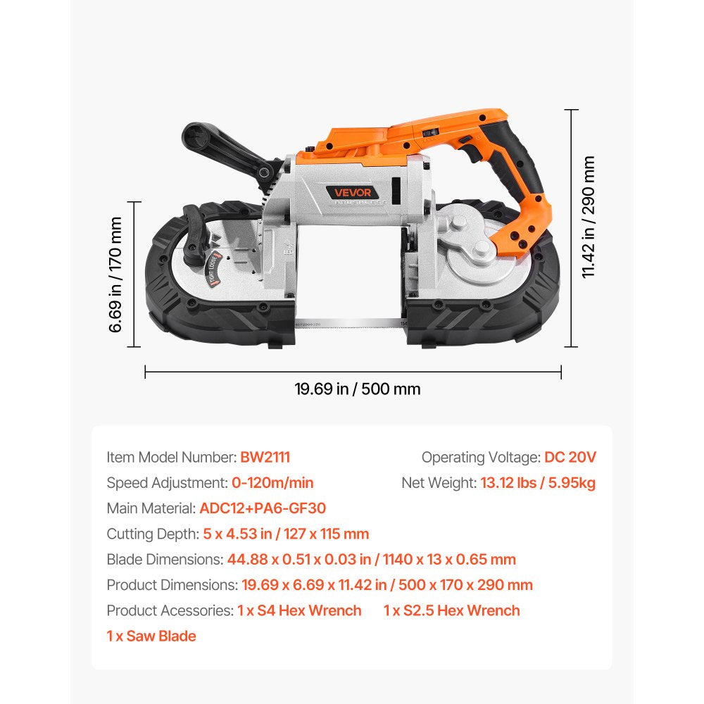 VEVOR 20V Portable Band Saw, 5 Inches Deep Cut, 360W Bandsaw with Brushless Motor, Cordless and Compact Portaband, Hang Hooks, 0-120 m/min Variable Speed, for Cutting Metal, Wood (Bare Tool Only)