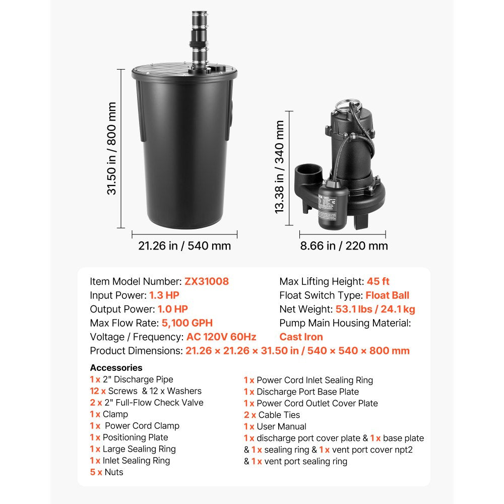 VEVOR Sewage Grinder System, 1 HP, 5100 GPH Cast Iron Sewage Pump with Basin, Grinding Blade, 120V Automatic Outdoor Water/Seepage Collection and Removal System with Float Switch, 2" Discharge, Black