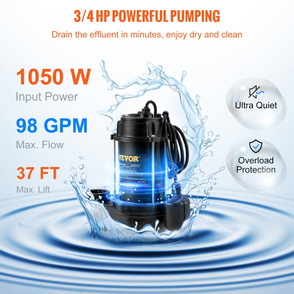 VEVOR Submersible Sewage Pump, 3/4 HP, 5880 GPH, 1050W, Durable Cast Iron, Includes 2" Outlet and 10 ft Piggy-back Float Switch, Ideal for Septic Tanks, Basements