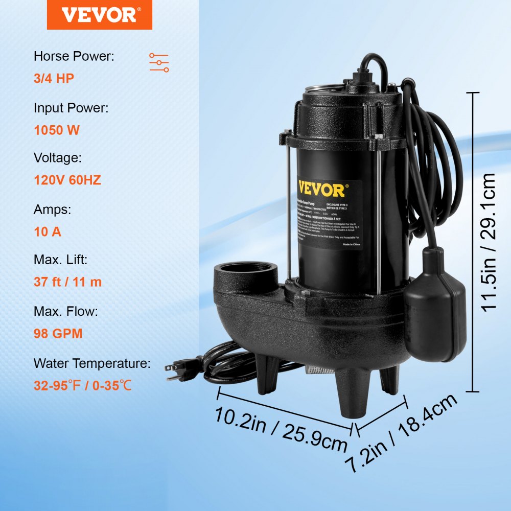 VEVOR Submersible Sewage Pump, 3/4 HP, 5880 GPH, 1050W, Durable Cast Iron, Includes 2" Outlet and 10 ft Piggy-back Float Switch, Ideal for Septic Tanks, Basements