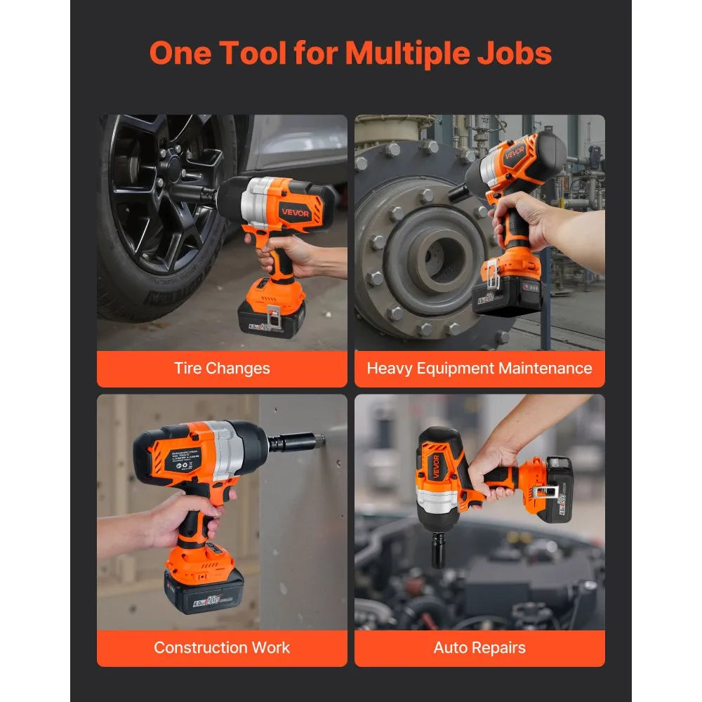VEVOR Cordless Impact Wrench, 958.8 ft-lbs / 1300 N·m High Torque, 1/2 inch, 20V Electric Impact Wrench with Brushless Motor, 2 x 4Ah Batteries, Charger, 5 Sockets and Belt Clip, for Car Tire Truck
