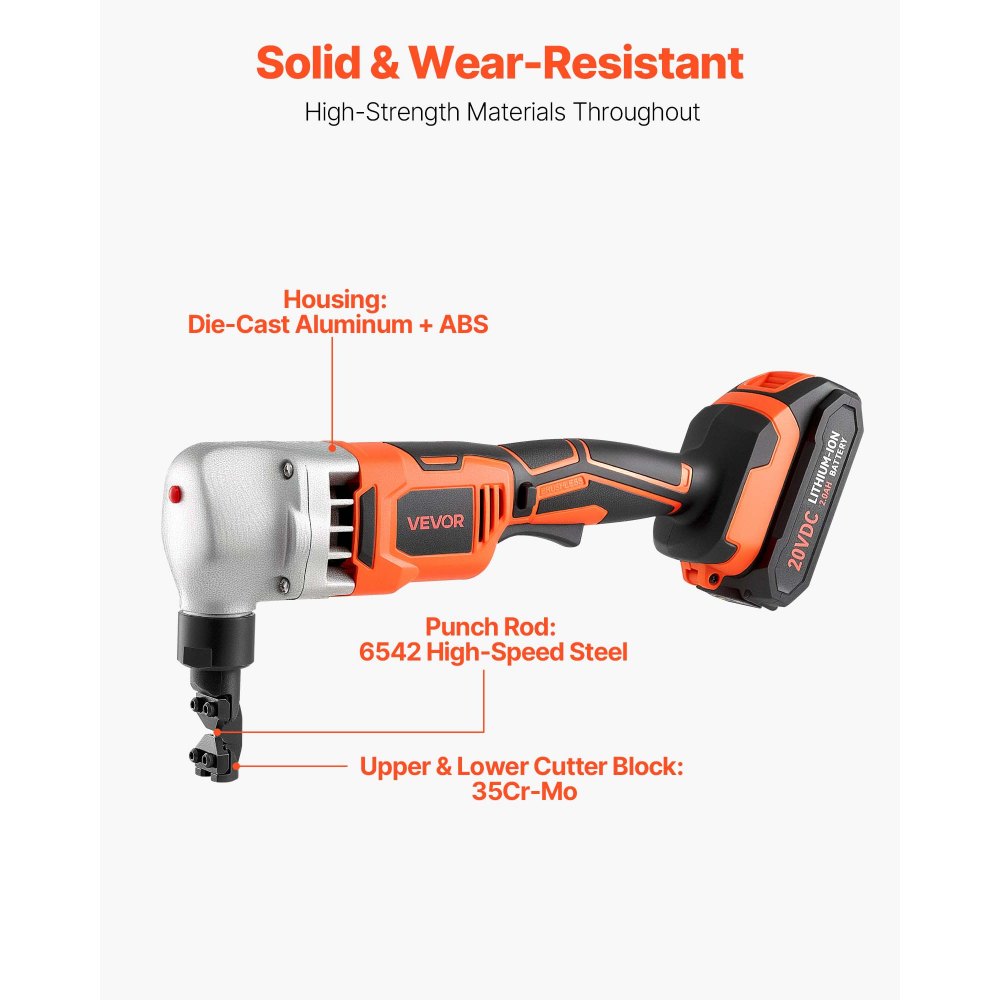 VEVOR Cordless Metal Nibbler, with 18 V 2000 mAh Battery, 1200 RPM Brushless Motor, Electric Nibbler Metal Cutter with Plastic Carrying Case for Cutting Stainless Steel, Aluminum, and Copper Sheet