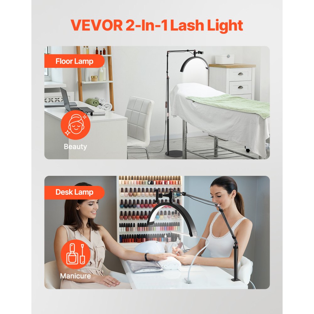 VEVOR Half Moon Light for Esthetician, 2 in 1 LED Floor and Desk Lamp Lash Light for Eyelash Extensions, Arched Eyelash Lamp with Phone Holder, Remote Control, for Beauty, Skincare, Eyebrows, Tattoo