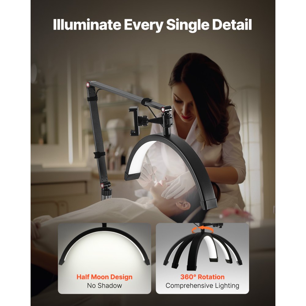 VEVOR Half Moon Light for Esthetician, 2 in 1 LED Floor and Desk Lamp Lash Light for Eyelash Extensions, Arched Eyelash Lamp with Phone Holder, Remote Control, for Beauty, Skincare, Eyebrows, Tattoo