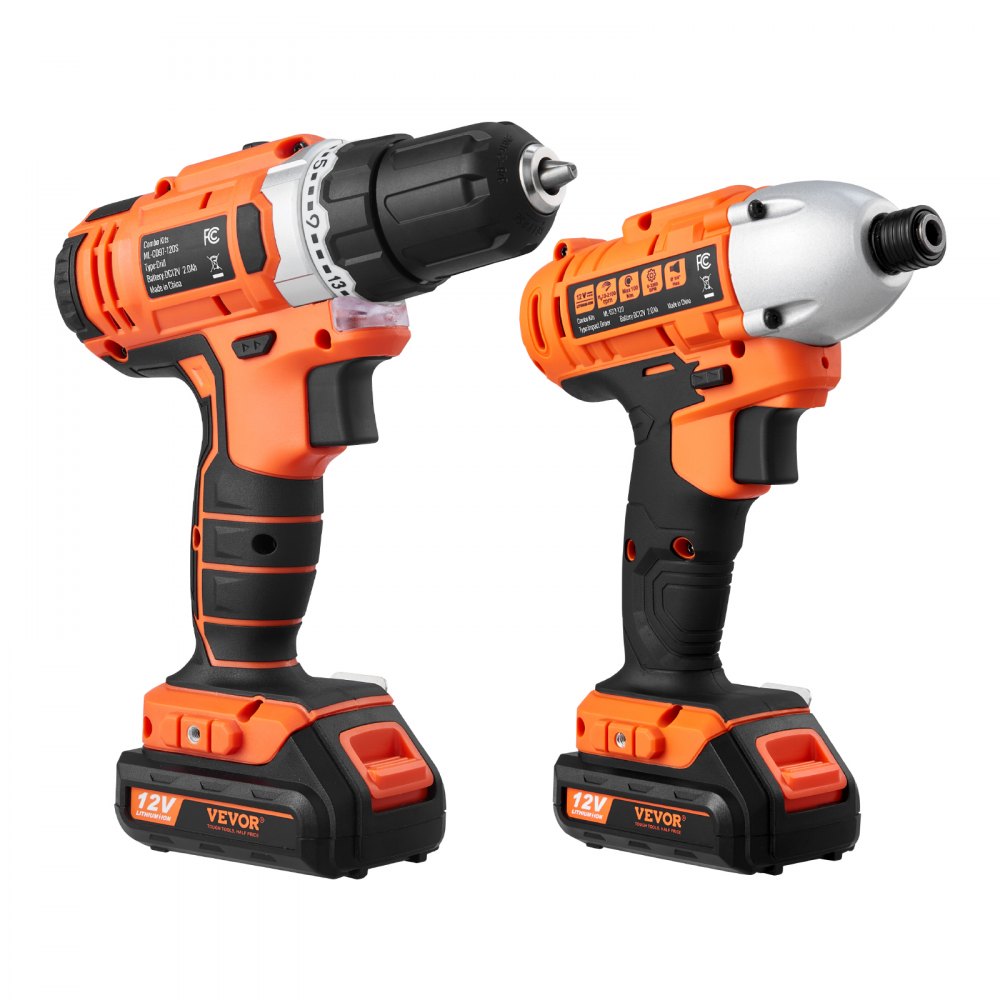VEVOR Tool Combo Kit, 12V Max Cordless 2-Tool Combo Kit, with 3/8 in Drill, 1/4 in Impact Driver, Compact Cordless Power Tool Combo Kit with 2.0 Ah Batteries, Screws, One Charger, and One Cloth Bag
