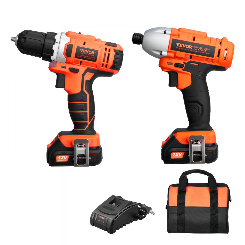 VEVOR Tool Combo Kit, 12V Max Cordless 2-Tool Combo Kit, with 3/8 in Drill, 1/4 in Impact Driver, Compact Cordless Power Tool Combo Kit with 2.0 Ah Batteries, Screws, One Charger, and One Cloth Bag