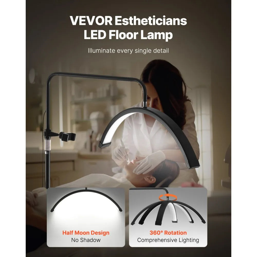 VEVOR Half Moon Light for Esthetician, 23 inch Dimmable LED Floor Lamp Lash Light for Eyelash Extensions, Arched Eyelash Lamp with Phone Holder, Remote Control, for Beauty, Skincare, Eyebrows, Tattoo