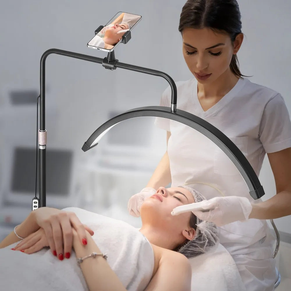 VEVOR Half Moon Light for Esthetician, 23 inch Dimmable LED Floor Lamp Lash Light for Eyelash Extensions, Arched Eyelash Lamp with Phone Holder, Remote Control, for Beauty, Skincare, Eyebrows, Tattoo