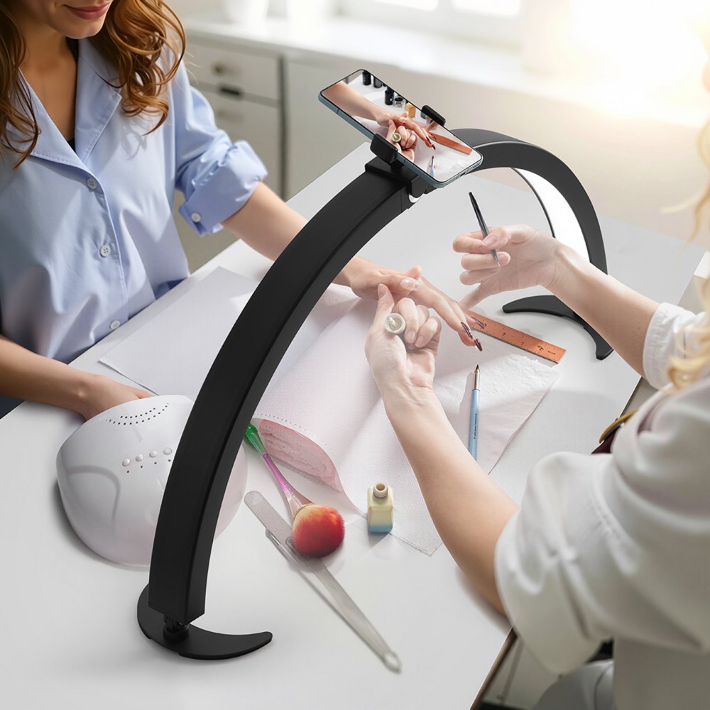 VEVOR Nail Desk Light, 40 W Half Moon Desk Lamp with Phone Holder, Adjustable Brightness and Color Temperature, Arched LED Table Light for Nail Tech, Tattoo Artists, Beauty, Eyelash Extensions
