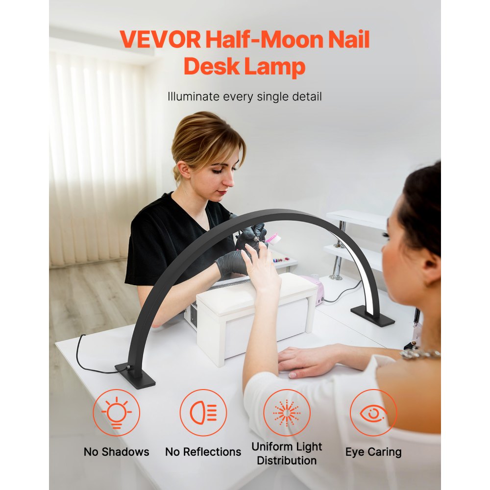 VEVOR Nail Desk Light, 30 W Half Moon Desk Lamp with Phone Holder, Adjustable Brightness and Color Temperature, Arched LED Table Light for Nail Tech, Tattoo Artists, Beauty, Eyelash Extensions