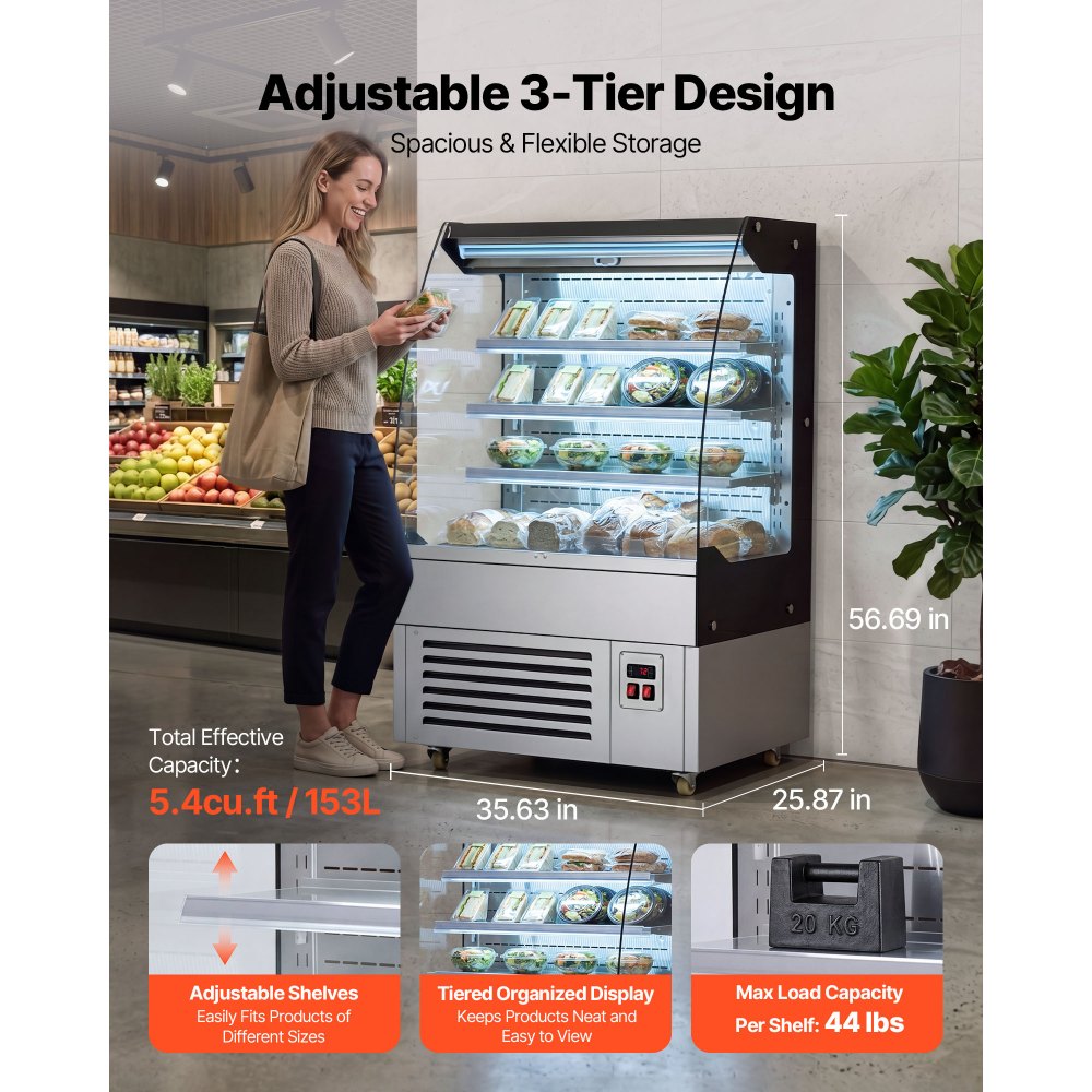 VEVOR Open Air Merchandiser, 5.4 cu. ft. 3-Tier Shelving Commercial Refrigerator, Grab and Go Fan Cooling Display Cooler, with LED Lighting, Night Curtain, Upright for Restaurants, Stores, Office