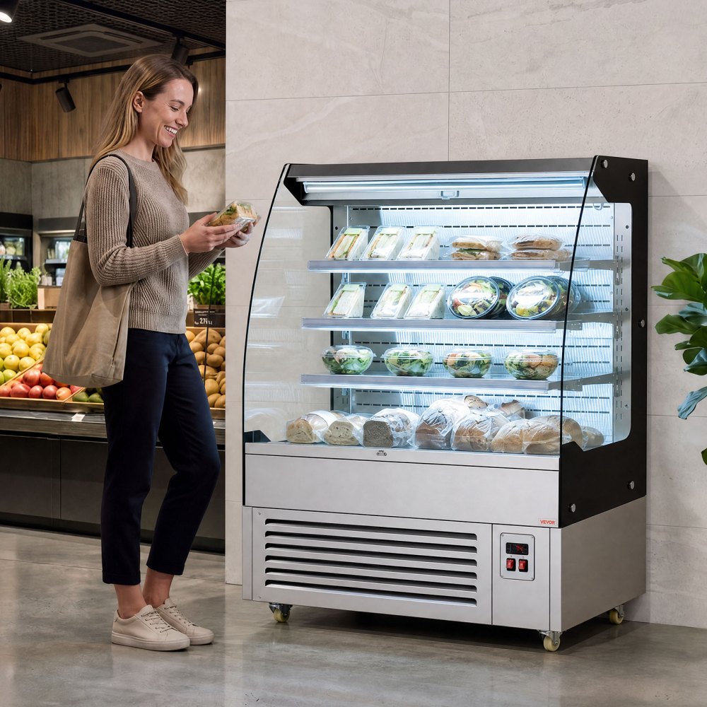 VEVOR Open Air Merchandiser, 7.5 cu. ft. 3-Tier Shelving Commercial Refrigerator, Grab and Go Fan Cooling Display Cooler, with LED Lighting, Night Curtain, Upright for Restaurants, Stores, Office
