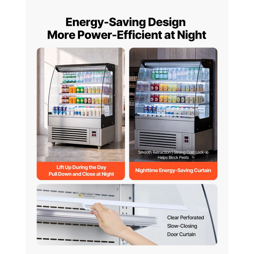 VEVOR Open Air Merchandiser, 7.5 cu. ft. 3-Tier Shelving Commercial Refrigerator, Grab and Go Fan Cooling Display Cooler, with LED Lighting, Night Curtain, Upright for Restaurants, Stores, Office