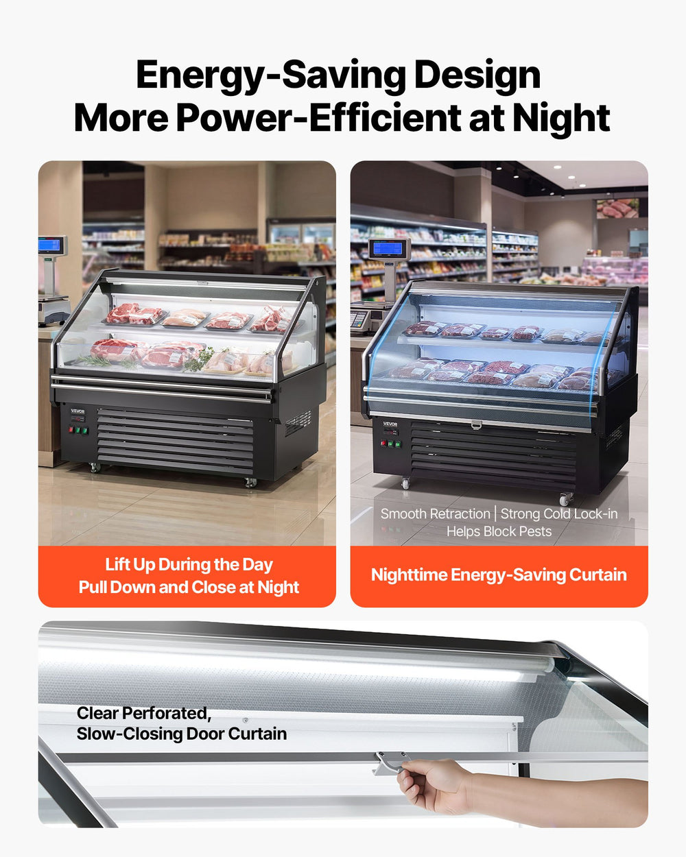 VEVOR Open Air Merchandiser, 4.6 cu. ft. Shelving Commercial Refrigerator, Grab and Go Fan Cooling Display Cooler, with LED Lighting, Night Curtain, Horizontal for Restaurants, Stores, Office