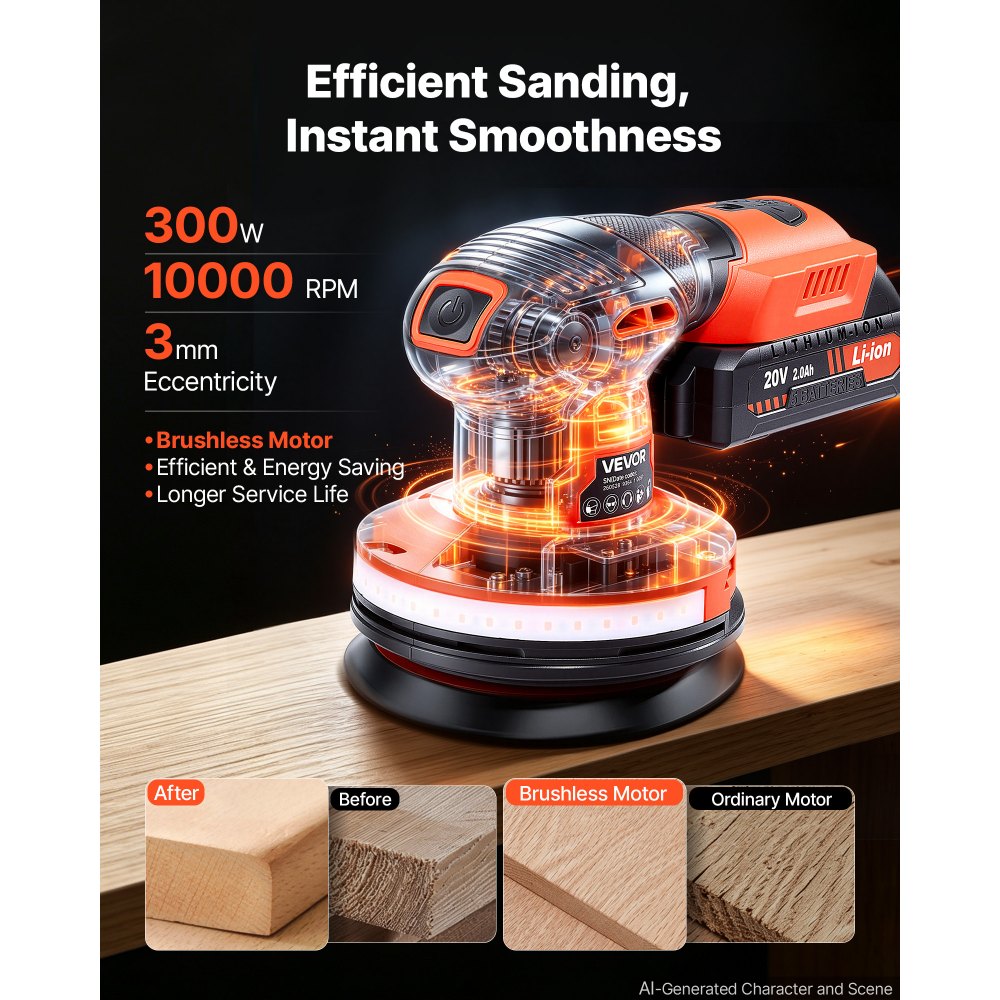 VEVOR 5-Inch Cordless Random Orbital Sander 300W Brushless Orbital Sander, 4000-10000RPM 7 Speeds Electric Palm Sanders with 10PCS Sandpapers & Dust Collection Bag for Woodworking Detailing Sanding