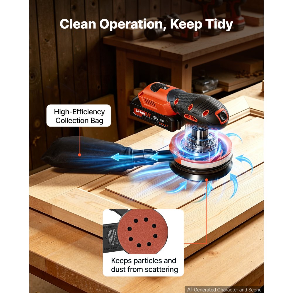 VEVOR 5-Inch Cordless Random Orbital Sander 300W Brushless Orbital Sander, 4000-10000RPM 7 Speeds Electric Palm Sanders with 10PCS Sandpapers & Dust Collection Bag for Woodworking Detailing Sanding