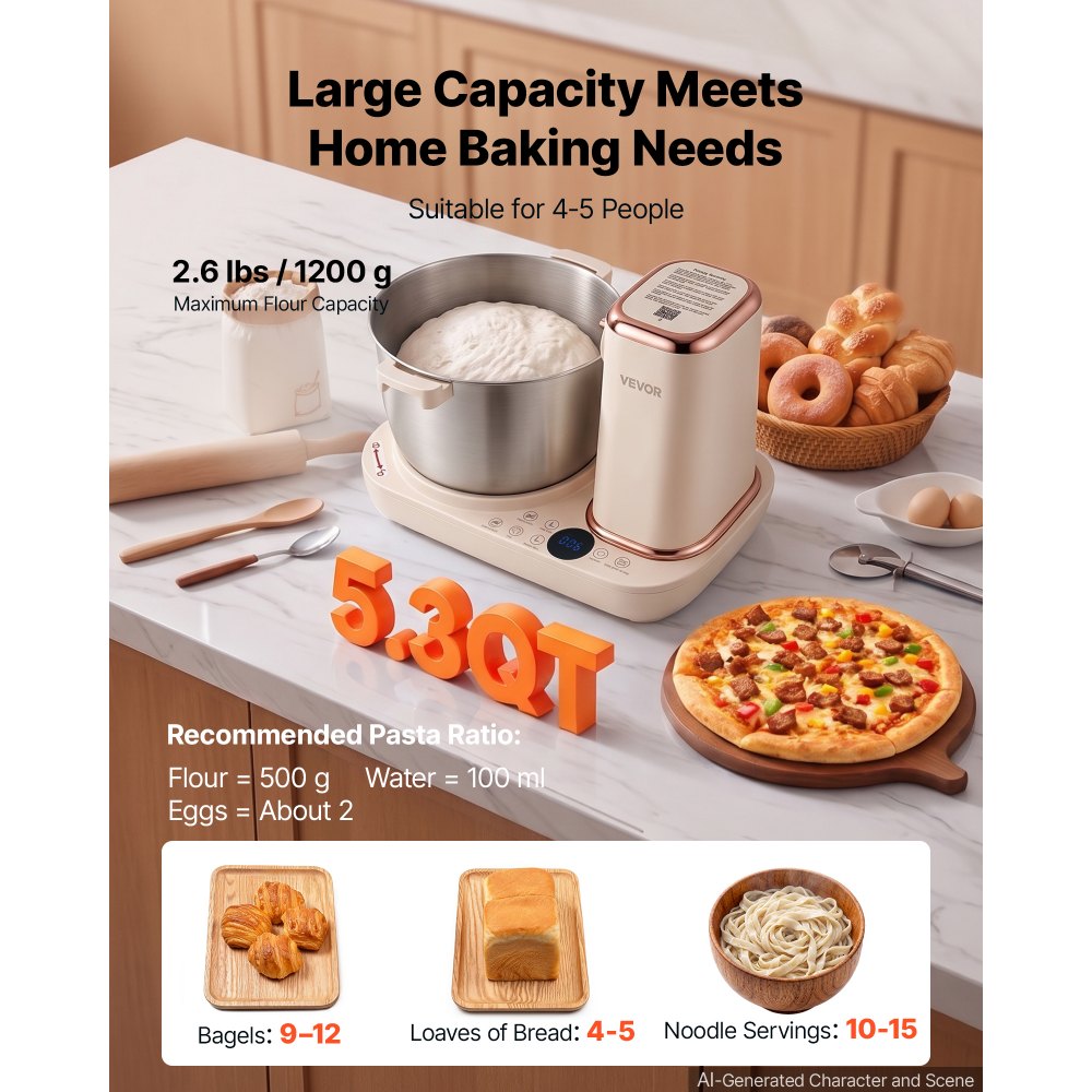 VEVOR Dough Mixer 5.3 Quart Electric Dough Maker with Ferment Function, for Pizza Pasta Sourdough Noodle, 304 Stainless Steel Bowl, Timer, Face-up Control Panel, Household Dough Kneading Machine