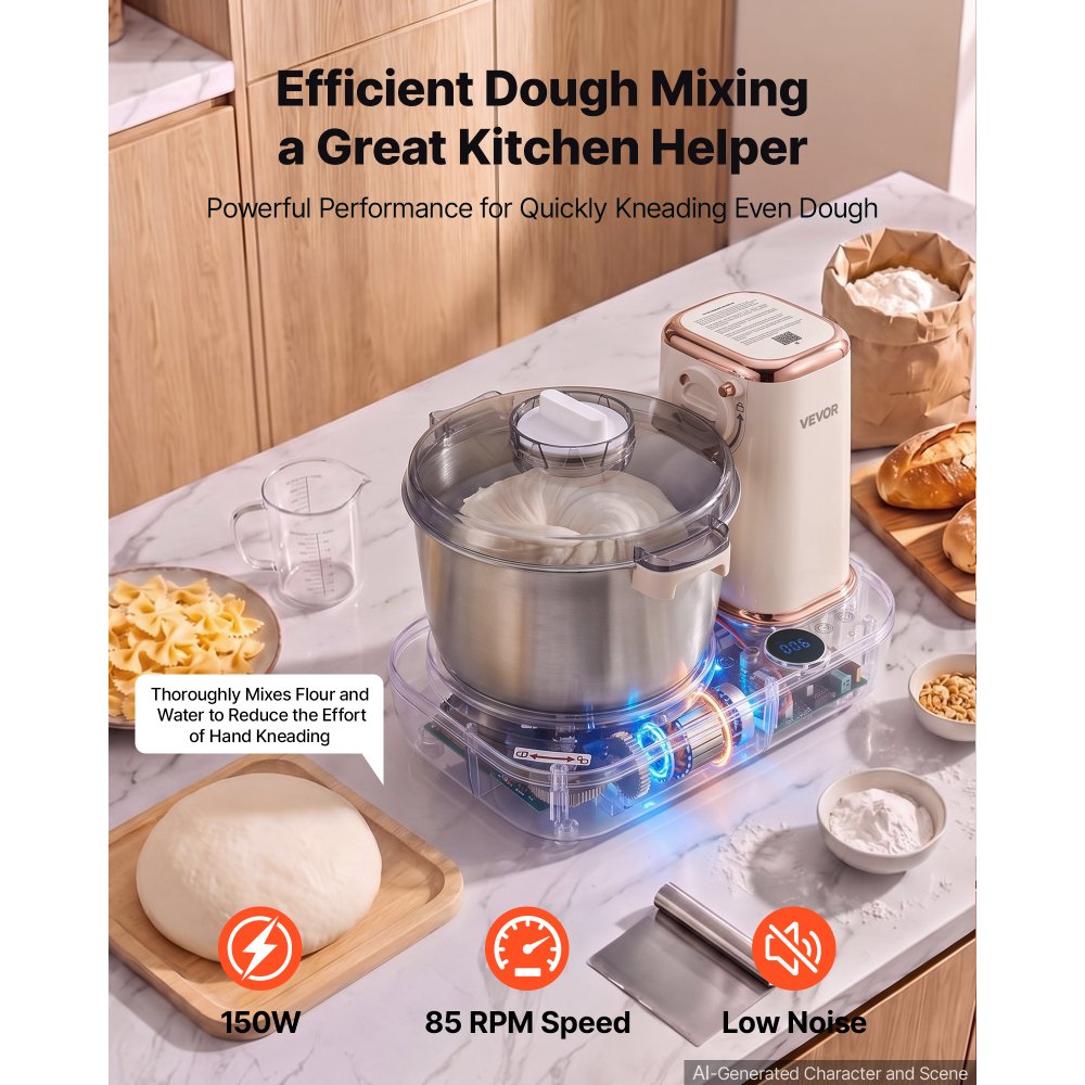 VEVOR Dough Mixer 5.3 Quart Electric Dough Maker with Ferment Function, for Pizza Pasta Sourdough Noodle, 304 Stainless Steel Bowl, Timer, Face-up Control Panel, Household Dough Kneading Machine