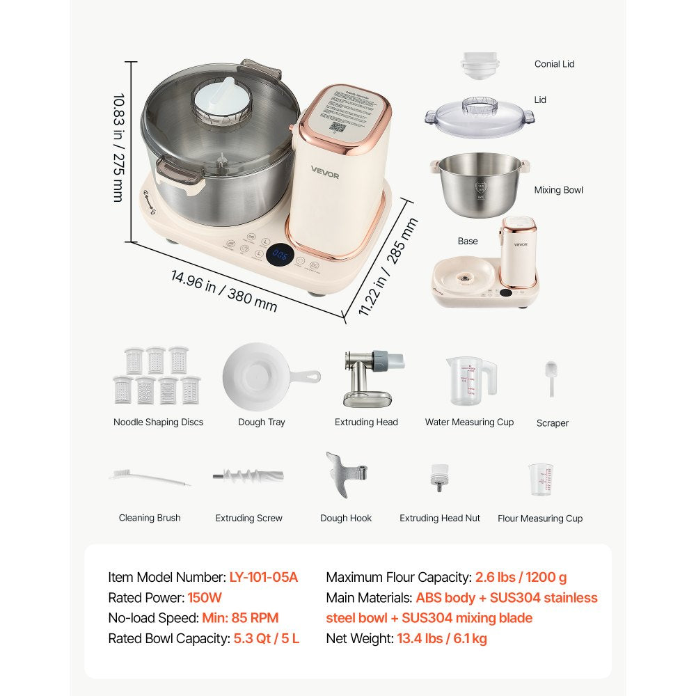VEVOR Dough Mixer 5.3 Quart Electric Dough Maker with Ferment Function, for Pizza Pasta Sourdough Noodle, 304 Stainless Steel Bowl, Timer, Face-up Control Panel, Household Dough Kneading Machine
