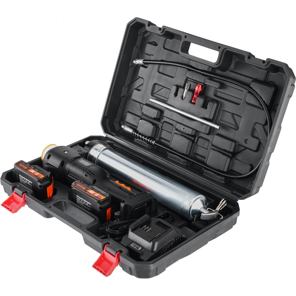 VEVOR Cordless Grease Gun, 20-Volt, 10,000 PSI, 39" Long Hose, Electric Grease Gun Kit Professional High Pressure Battery Powered Grease Gun with Carrying Case, Two Batteries & Charger Included, Black