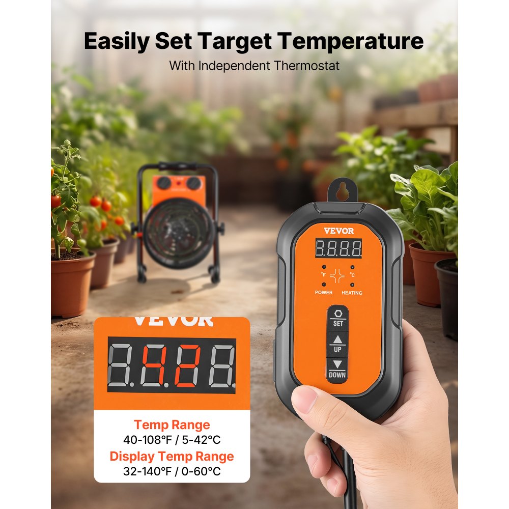 VEVOR Greenhouse Heater, 1500W Electric Space Heater with Thermostat, Heating Tube Element, 25° Adjustable Angle, IPX4 & Overheat Protection, Great for Grow Tent, Greenhouse, Flower Room, Home Office