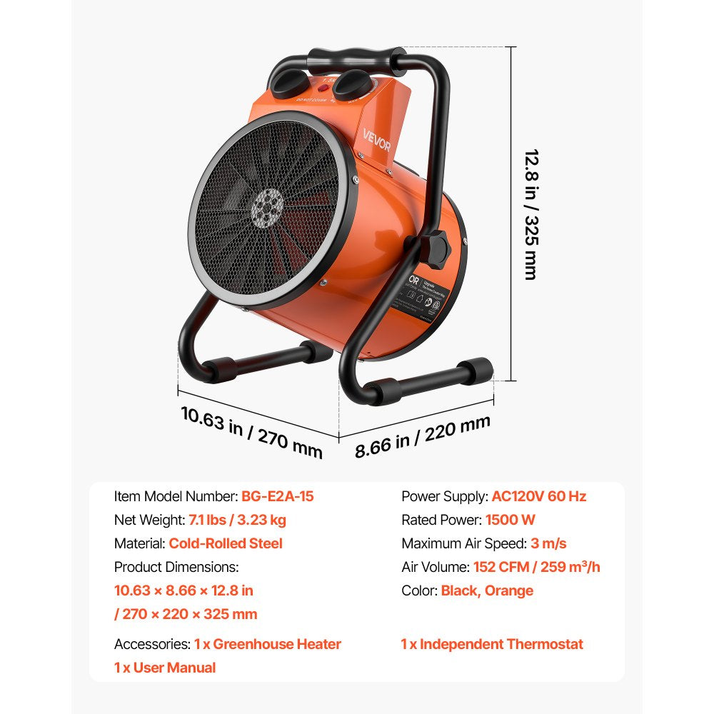 VEVOR Greenhouse Heater, 1500W Electric Space Heater with Thermostat, Heating Tube Element, 25° Adjustable Angle, IPX4 & Overheat Protection, Great for Grow Tent, Greenhouse, Flower Room, Home Office