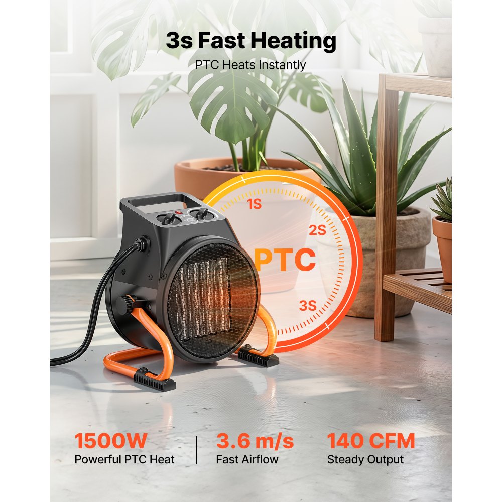 VEVOR Greenhouse Heater, 1500W Electric PTC Space Heater with Thermostat, Fan, Low & High Heat Modes, 15° Adjustable Angle, Overheat Protection, for Grow Tent, Greenhouse, Flower Room, Home Office