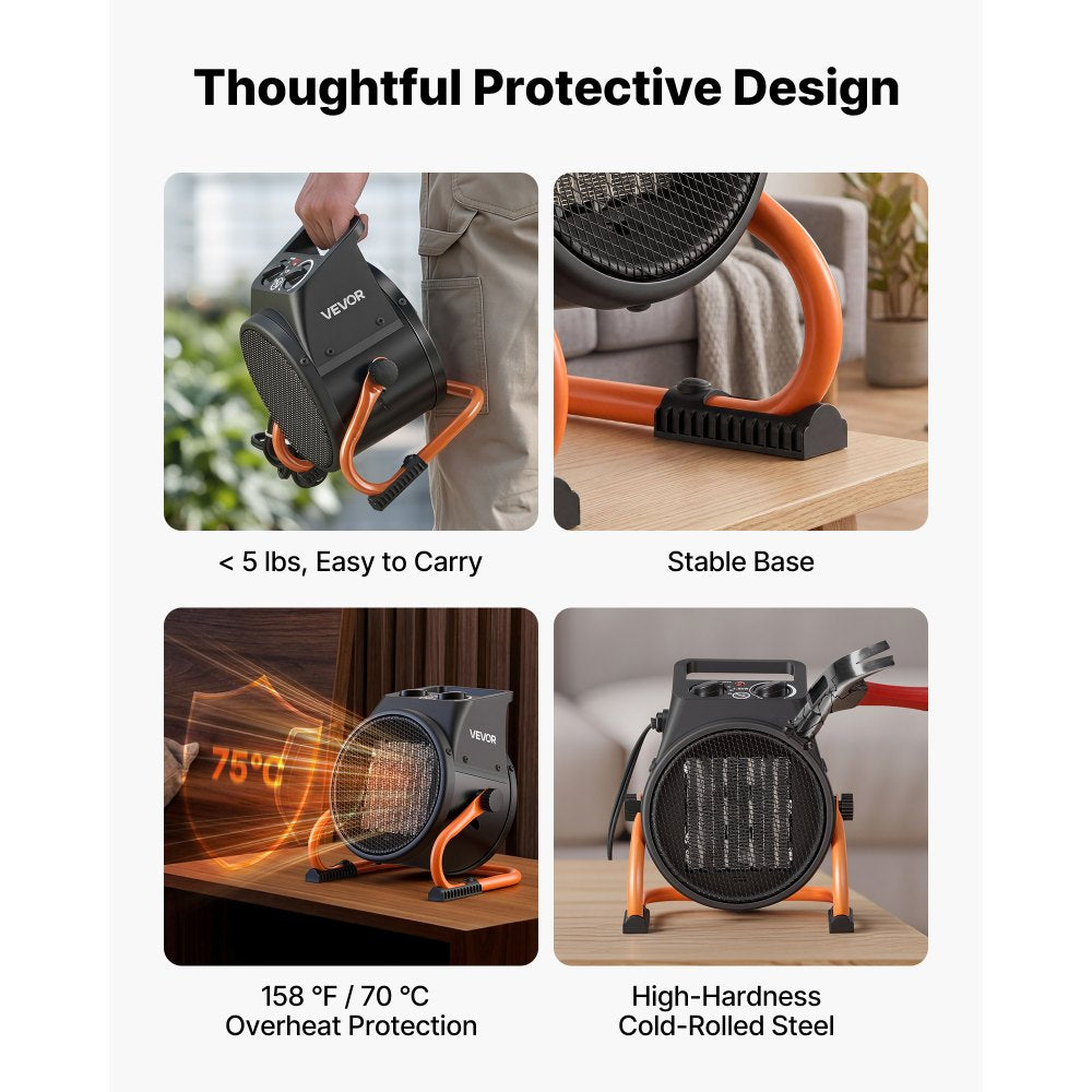 VEVOR Greenhouse Heater, 1500W Electric PTC Space Heater with Thermostat, Fan, Low & High Heat Modes, 15° Adjustable Angle, Overheat Protection, for Grow Tent, Greenhouse, Flower Room, Home Office