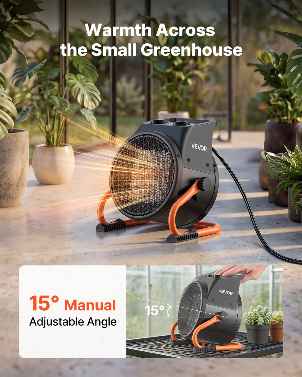 VEVOR Greenhouse Heater, 1500W Electric PTC Space Heater with Thermostat, Fan, Low & High Heat Modes, 15° Adjustable Angle, Overheat Protection, for Grow Tent, Greenhouse, Flower Room, Home Office