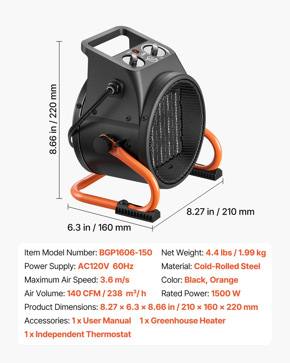 VEVOR Greenhouse Heater, 1500W Electric PTC Space Heater with Thermostat, Fan, Low & High Heat Modes, 15° Adjustable Angle, Overheat Protection, for Grow Tent, Greenhouse, Flower Room, Home Office