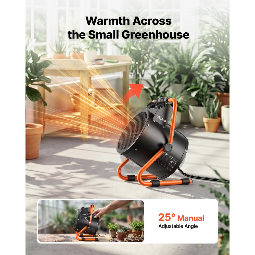 VEVOR Greenhouse Heater, 1500W Electric Space Heater with Thermostat, Fan & High Heat Modes, 25° Adjustable Angle, IPX4 & Overheat Protection, for Grow Tent, Greenhouse, Flower Room, Home Office