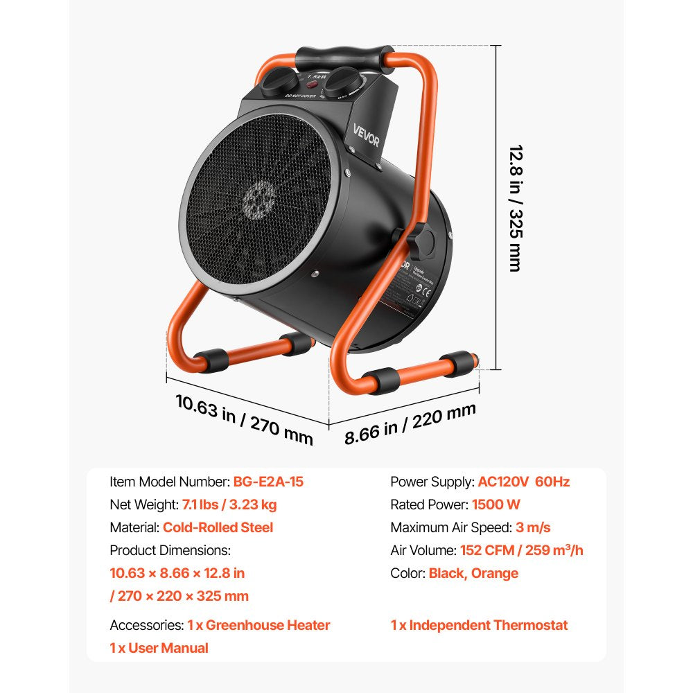 VEVOR Greenhouse Heater, 1500W Electric Space Heater with Thermostat, Fan & High Heat Modes, 25° Adjustable Angle, IPX4 & Overheat Protection, for Grow Tent, Greenhouse, Flower Room, Home Office