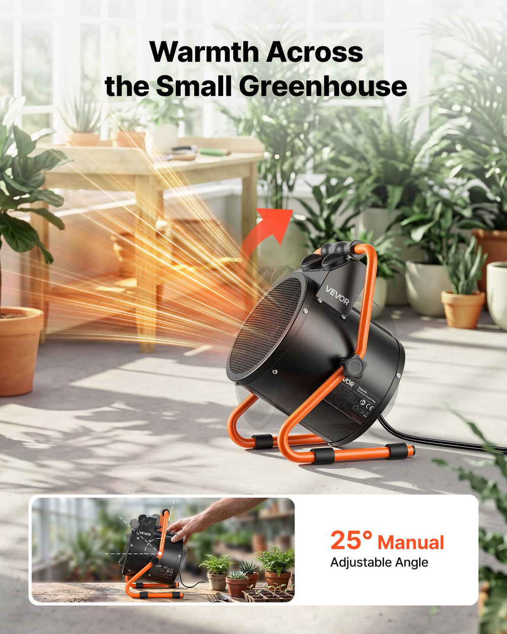 VEVOR Greenhouse Heater, 1500W Electric Space Heater with Thermostat, Fan & High Heat Modes, 25° Adjustable Angle, IPX4 & Overheat Protection, for Grow Tent, Greenhouse, Flower Room, Home Office