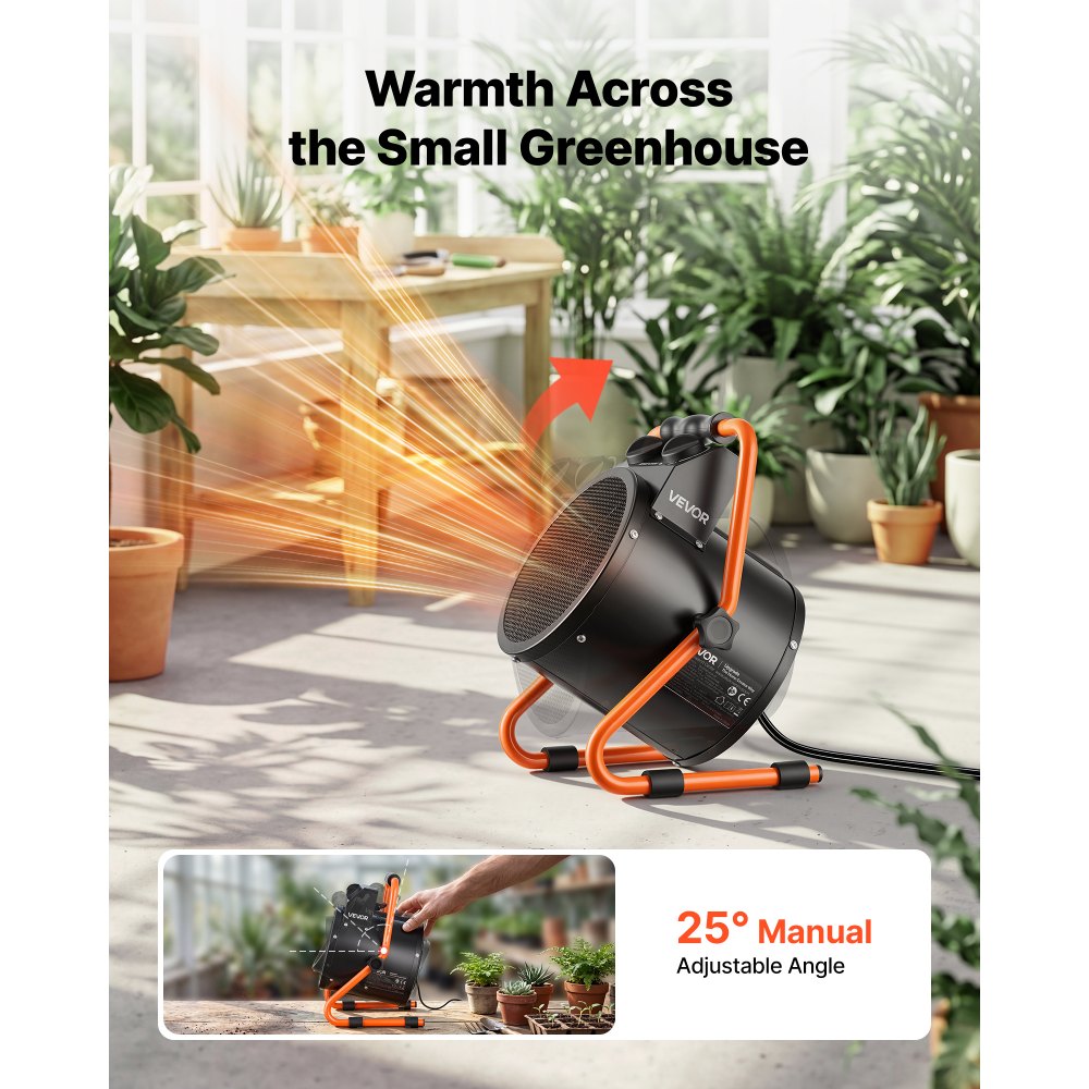 VEVOR Greenhouse Heater, 1500W Electric Space Heater with Fan & High Heat Modes, IPX4 Protection, 25° Adjustable Angle, Overheat Protection, for Grow Tent, Small Greenhouse, Flower Room, Home Office
