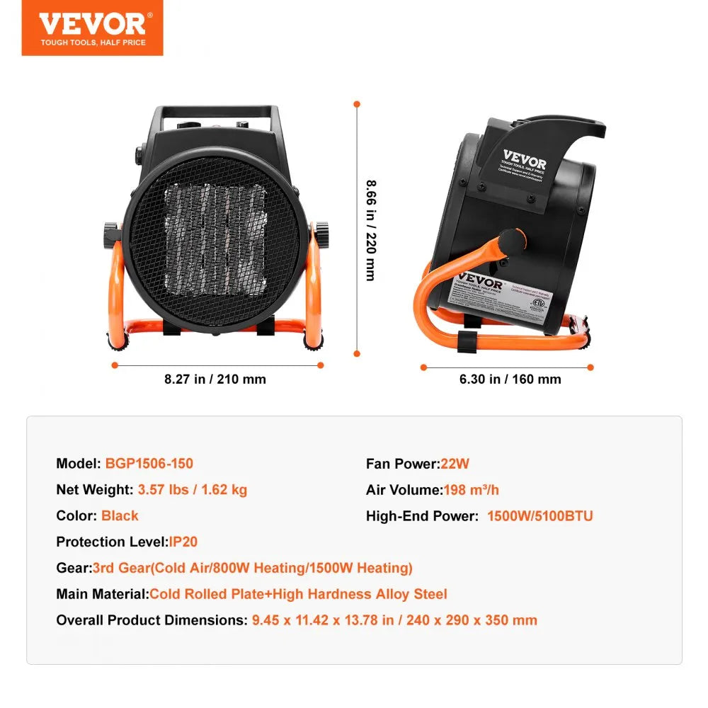 VEVOR Greenhouse Heater, 1500W PTC Fast Heating with Overheat Protection, 3-Speed Setting Small Grow Tent Heater, Electric Portable Heater Fan for Green House, Flower Room, Workplace